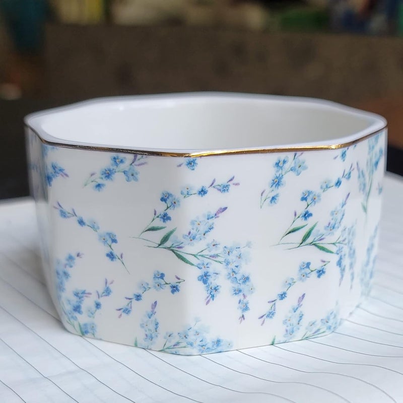 LEAZUL Ceramic Paper Clip Holder Gold Line Paper Clip Dispenser Organizer for Desk Cute Floral Pattern Office Binder Clip Holder Bobby Pin and Hair Clip Holder Gift for Office Blue Flowers - Image 3